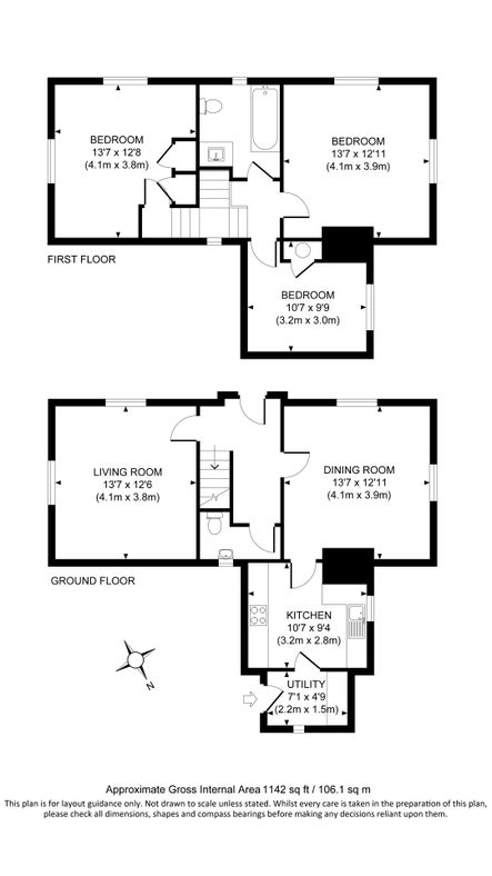 The floor plan for Sexton's Lodge, showing ground floor with hall, sitting room, dining room, kitchen, utility room and toilet, and first floor with three bedrooms and a bathroom.